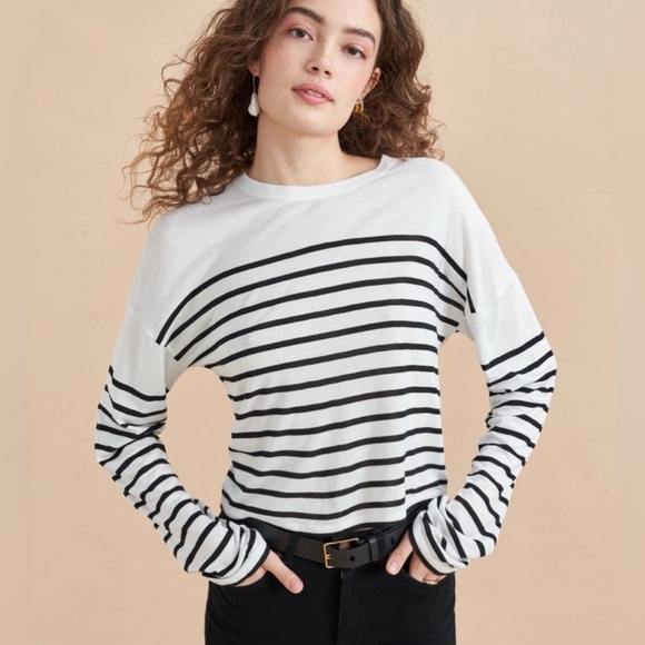 LA LIGNE NYC White Navy Stripe Viscose Silk Teddy Tee - Picture 5 of 8